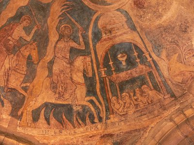 Depicting an internal view with wall paintings by French School