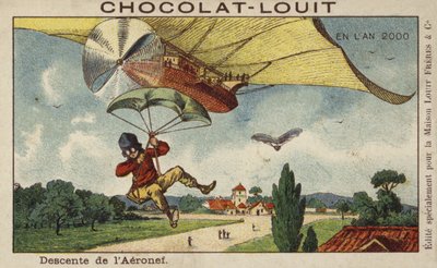Descending from an airship by parachute in the year 2000 by French School