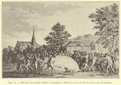 Descent of the First Hydrogen Balloon at Gonesse, where it is Torn to Pieces by Peasants (engraving) by French School