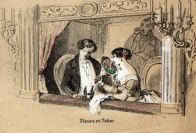 Description of the five senses: smell, spectators in an opera lodge, bathed in the fragrance of flowers and tobacco. Plate 