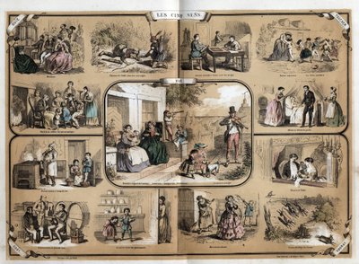 Description of the five senses: view, from left to right and from top to bottom, hearing, touch, smell and taste. Plate 