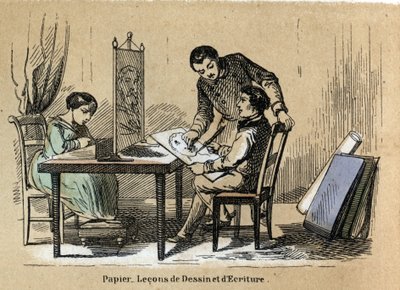 Description of the various products and uses of paper: a drawing and writing court. Plate 