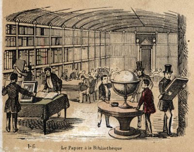 Description of the various products and uses of paper: view of a library containing paper works. Plate 