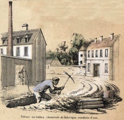 Description of the various stages of manufacture and uses of clay: construction site in the building, tile roofs, water pipes and factory chimney. Plate 