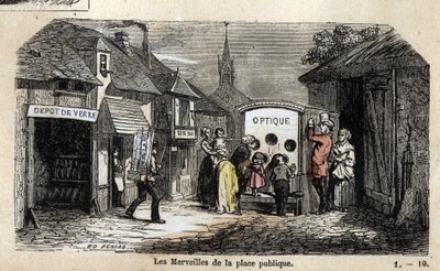 Description of the various stages of manufacture and uses of glass: the wonders of the public square, an illusionist inviting children to discover the magic of optical effects. Plate 
