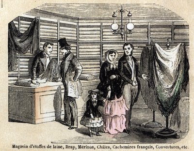 Description of the various uses and products made from sheep: view of a shop of wool fabrics and fabrics, sheets, lime, cashmere. Plate 