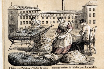 Description of the various uses and products of sheep: workers carding wool for mattresses in the yard of a factory. Plate 