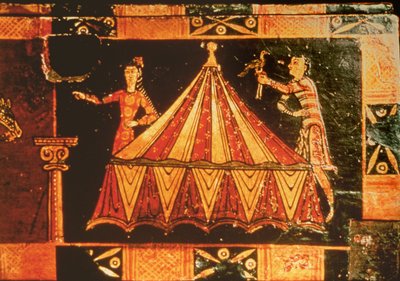 Detail from a wedding chest depicting two figures by a tent (detail) by French School