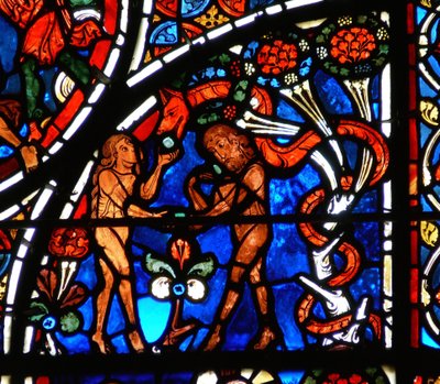 Detail from a Window Depicting the Parable of the Good Samaritan: Adam and Eve Being Tempted by the Serpent by French School