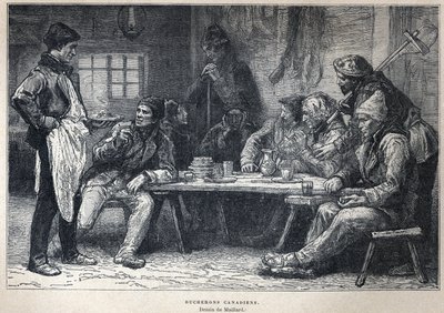 Discover Canada: Canadian loggers. Drawing by Maillard. Engraving from the end of the 19th century in 