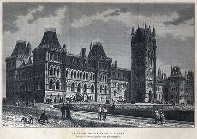 Discover Canada: The Parliament Palace in Ottawa. Drawing by Deroy from a Photograph. Engraving from the End of the 19th Century in La Nouvelle France by Eugene Guenin by French School