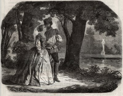 Don Juan discussed with Anne of Austria (1549-1580) his possible union with Prince Don Carlos (1545-1568), son of King Philip II of Spain (1527-1598). Engraving from 1871 in 