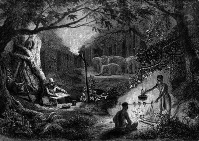 Drawing: a traveller drawing a scene of morals by the glow of a torch. Engraving in 