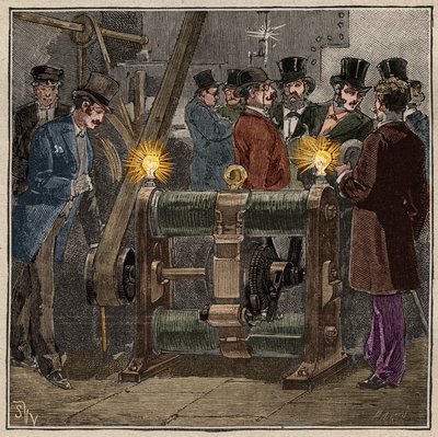 Dynamo electric machine of type Gram producing direct current, electric experience in the machinery room of the Conservatoire des arts et metiers de Paris (circa 1881). Engraving from 1885 in 