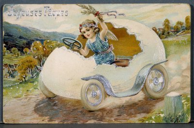 Easter greeting card depicting a little angel sitting on an egg shell transformed into a car by French School