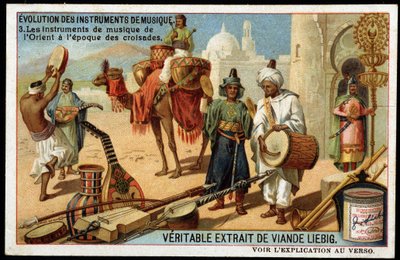 Evolution of musical instruments: Arab musical instruments from the East to the Crusades era. Bendir, Duff, oud, Rabab and other string instruments, wind and percussion (drum). Late 19th century Liebig chromolithography by French School