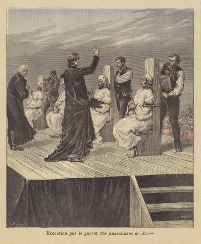 Execution of anarchists by garrotting at Jerez, Spain by French School