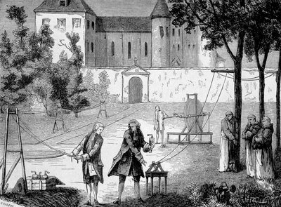 Experiment made in 1746 by Lemonnier in the convent of the Chartreux to appreciate the speed of electricity - in Album of Science; illustrious scientists; Great discoveries 1896 by French School