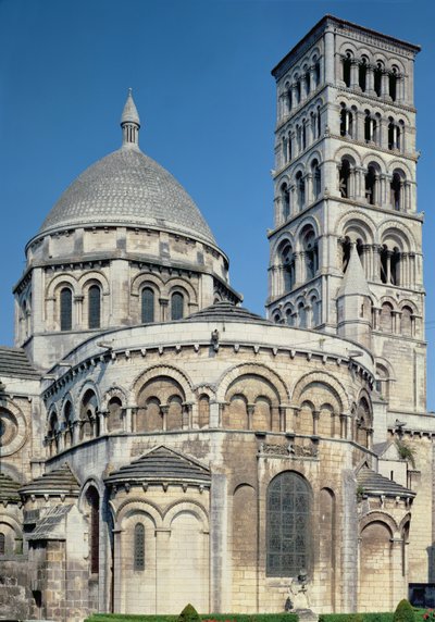 Exterior view of the chevet with the absidial chapels and the belltower, built c.1125-1135 by French School