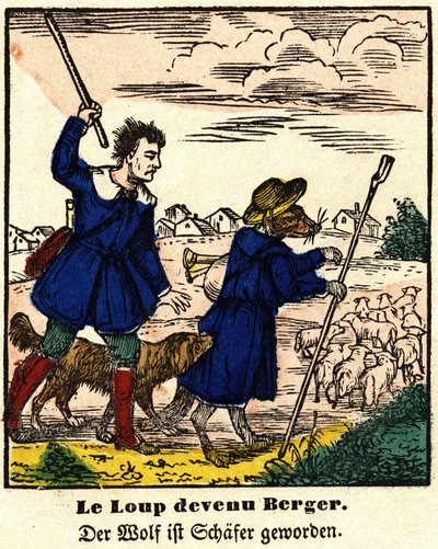 Fables from La Fontaine: the wolf became shepherd by French School