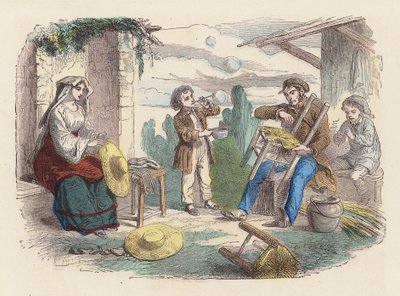 Family working with straw by French School