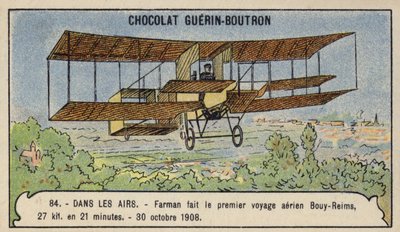 Farman making the first cross-country aeroplane flight in Europe, from Bouy to Reims, France, 30 October 1908 by French School