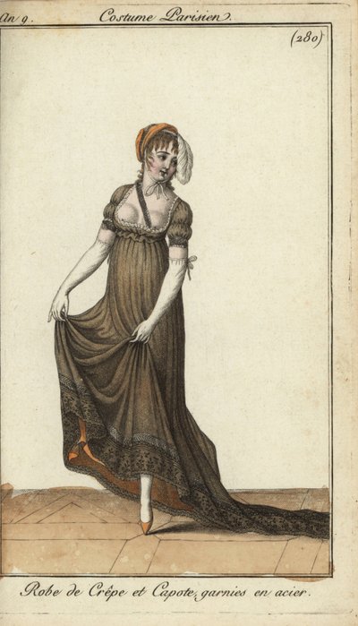 Fashionable woman in nipple-revealing crepe dress by French School