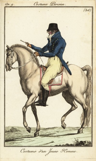 Fashionable young man or Incroyable on horseback by French School