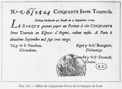 Fifty pounds French banknote from the Law Bank, dated 2nd September 1720 by French School