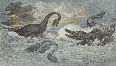 Fight between a Plesiosaurus and an Ichthiosaurus in the Liassic or Jurassic period (208 to 146 million years ago), 1880 by French School