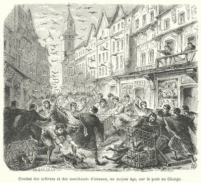 Fight between goldsmiths and merchants selling birds on the Pont au Change, Paris, in the Middle Ages by French School