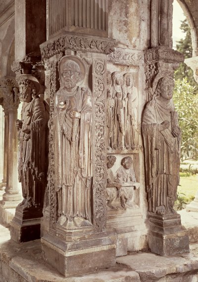 Figures of SS. Peter, Trophime and John on a pillar in the cloister by French School