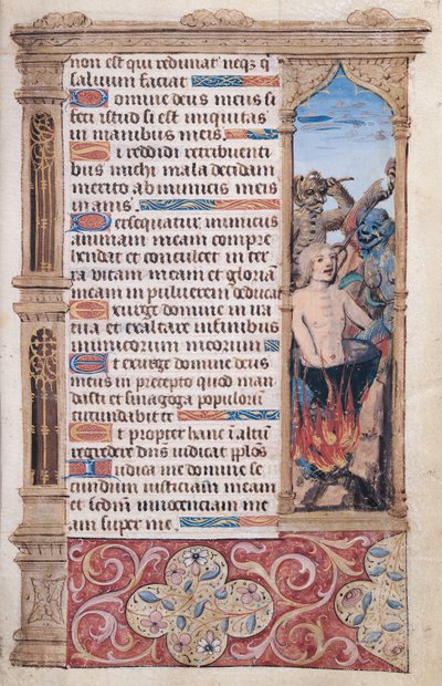 Page of Text with a Border Detail of a Man Being Tortured by Two Demons, from 