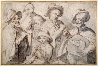 Four hurdy-gurdy players and a boy with a pipe by French School