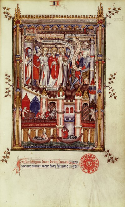 The first interrogation of St. Denis and his companions by Sisinnius, from Vie de St. Denis, 1317 by French School
