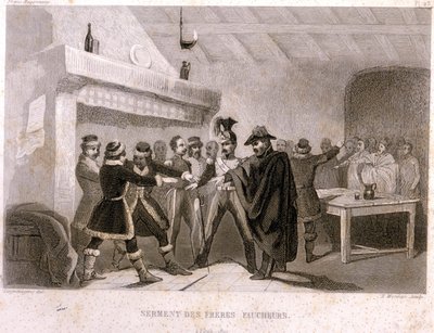 Freemasonry: The Oath of the Brothers Reapers in Potok in 1821. Engraving from 