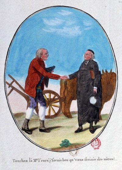 French Revolution: a peasant and a priest shake hands. 