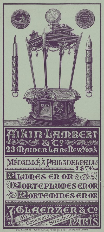 French Trade Card Advertising Aikin Lambert Pens, Penholders and Propelling Pencils by French School