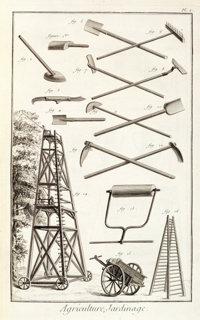 Gardening tools and a mobile pruning platform, from the Encyclopedie des Sciences et Metiers by Denis Diderot published c.1770 by French School