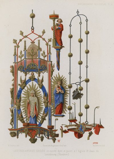 Gilded and Painted Copper Chandelier and Candle Holder by French School