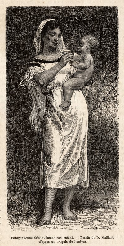 Guaranie woman smoking the cigar to her child, riding on her hip, to try to appease her cries, engraving after D. Maillart