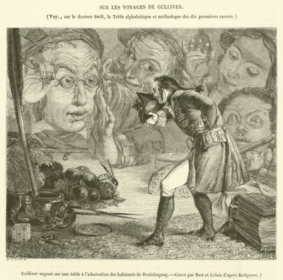 Gulliver displayed on a table to the admiration of the inhabitants of Brobdingnag by French School