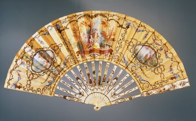 Hand fan depicting Rest during hunt by French School