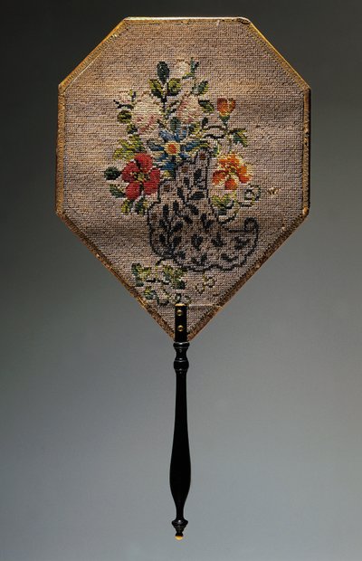 Hand fan with bead embroidered floral motif by French School