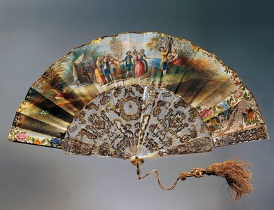 Hand Fan with Scene of Kids Playing, Paper Leaf with Watercolour Lithograph and Mother of Pearl Ribs by French School