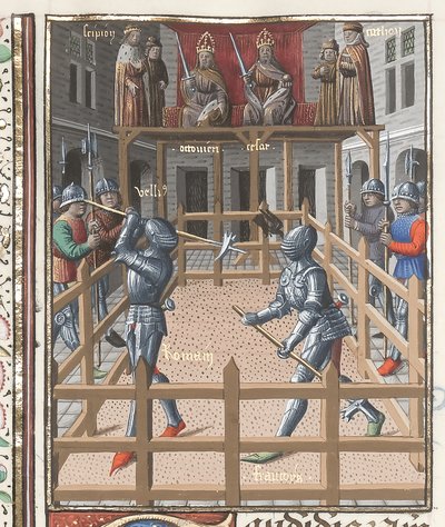 Harley 4375 f.171v, Two Knights Battling with Pollaxes, from 