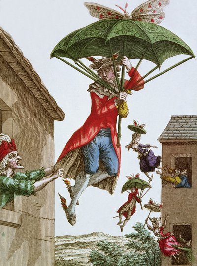 Held Aloft by Umbrellas and Butterflies, Men and Women Fly Out of Windows by French School
