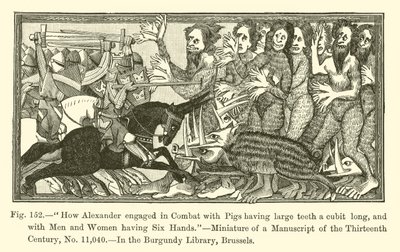 How Alexander engaged in Combat with Pigs having large teeth a cubit long, and with Men and Women having six Hands by French School