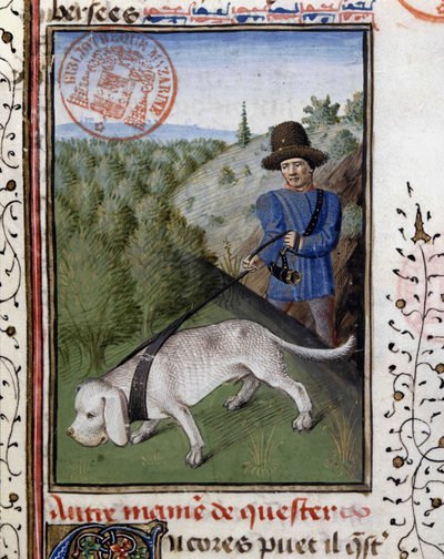 Hunting dog held on a flairing leash, from 