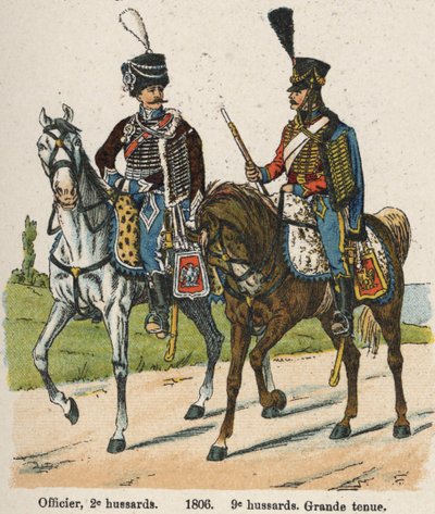 Hussars 1st Vendemiary An XII (24 September 1803): Officer, 2nd Hussars and 9th Hussars in Great Dress in 1806 (Plate from the book Les Uniforms de l